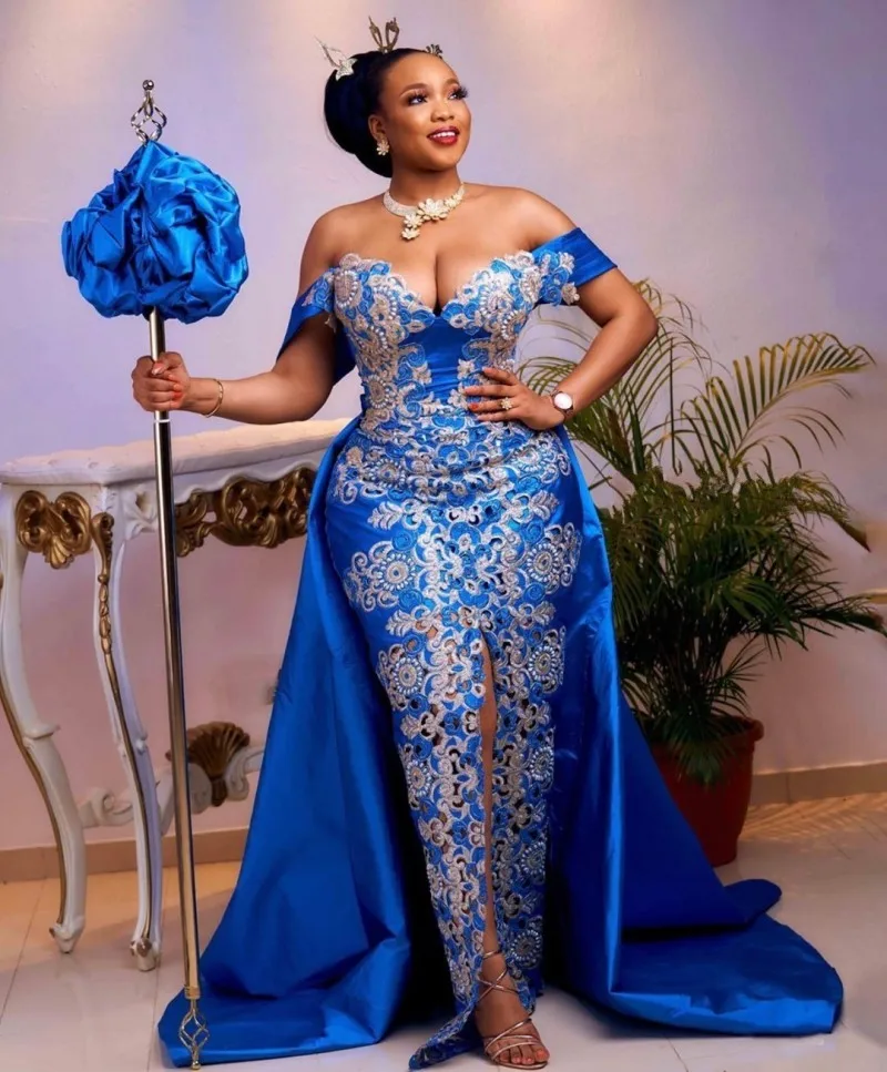 

Aso Ebi Mermaid Evening Dresses Blue Off Shoulder Overskirt Prom Dress Plus Size Women Formal Gowns Front Split robe de soirÃ©e