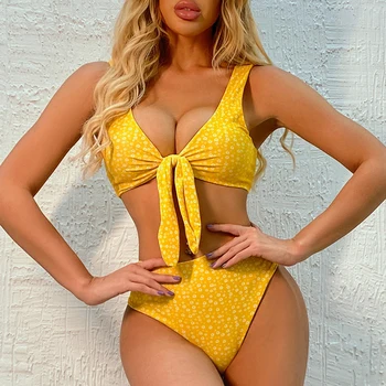 

Misswim Knotted female swimsuit High waist bikini Flower printed women swimwear two-pieces Bikini set Bather Bathing Suit New