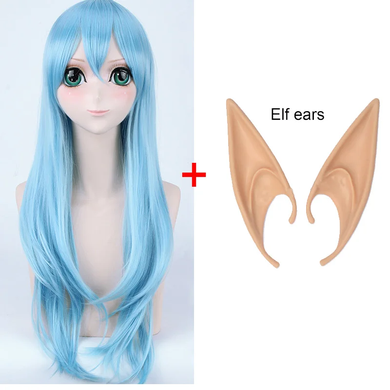 Yuuki Asuna Cosplay Wig Sword Art Online Asuna Elf Ears and Aqua Straight Hair Titania Costume Accessories Free Wig Cap0 (8)