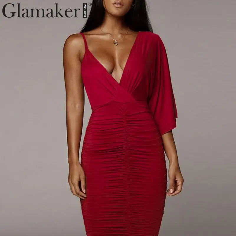 Glamaker, трикотажное элегантное платье на одно плечо с завязками, женское платье с v-образным вырезом и высокой талией, женское осенне-зимнее сексуальное платье