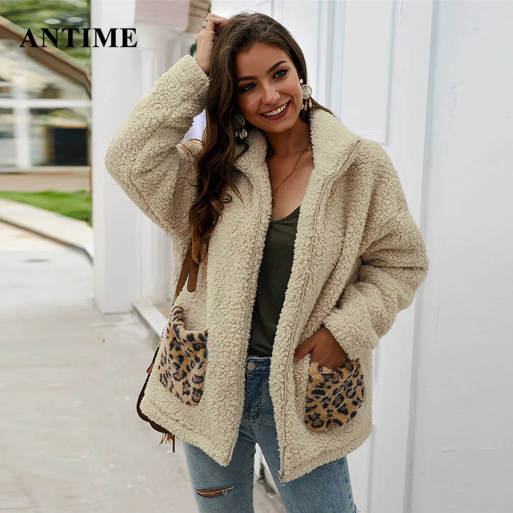 

Antime Leopard Patchwork Faux Fur Coat Casual Long Sleeve Zipper Autumn Winter Fur Jacket Plus Size Women Teddy Coat Outwear