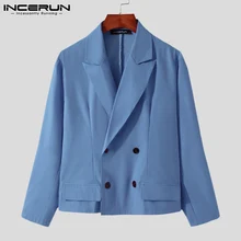 Incerun masculino blazer lapela manga longa duplo breasted ternos casuais masculino outono 2021 streetwear cor sólida lazer colheita casacos 5xl