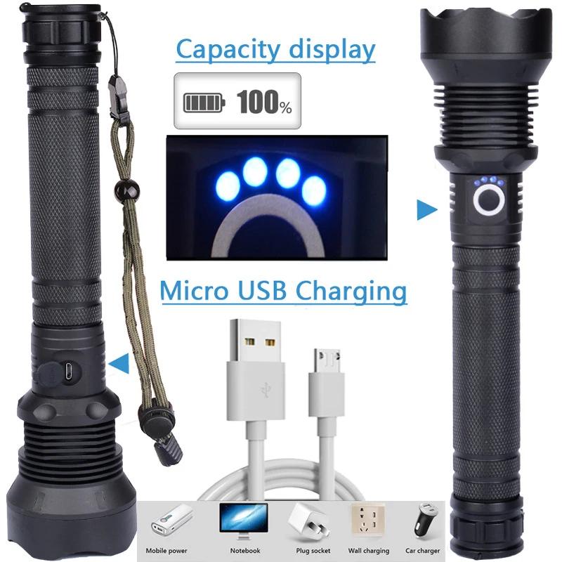 

Super Bright Flashlight LED High Lumens Flashlights Emergency Strobe Rechargeable Zoomable Waterproof Powerful Flash --M