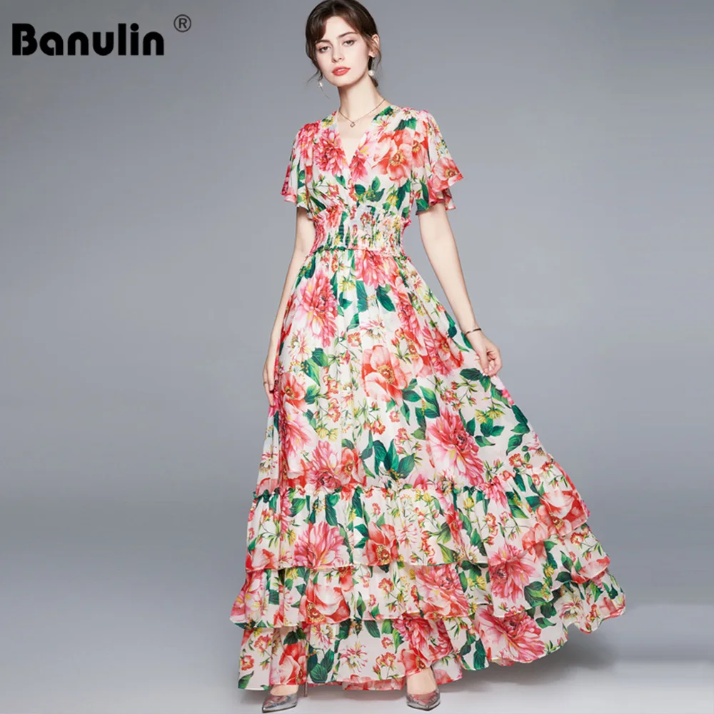 

Banulin 2021 летнее Boho Maxi Dress Для женщин взлетно-посадочной полосы с треугольным вырезом, с эластичной резинкой на талии оборками Цветочный принт ...