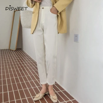 

Autumn Korean Woman'S Jeans Simple High Waist Slim Boyfriend Jeans For Women Casual Solid Color Straight Jeans Jijer 2019