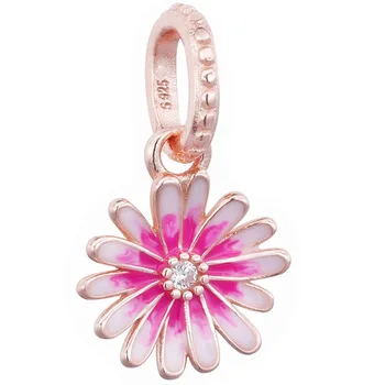 

New 925 Sterling Silver Charms Rose Gold Pink Daisy Flower Beads Fit Pandor Bracelet Pendant DIY Jewelry