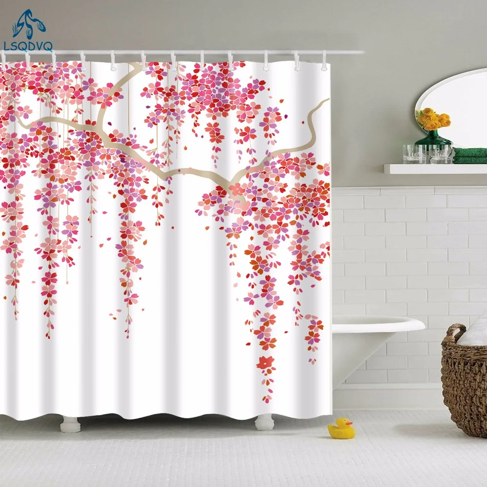 Comprar Hermosa rosa roja Flor de melocotón crisantemo flor ducha cortina tela impermeable poliéster baño cortina con ganchos 180X180