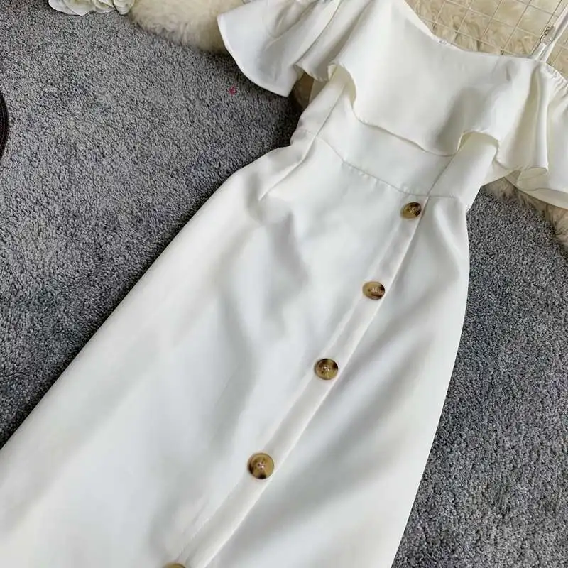 Вечерние платья с однотонными пуговицами Vestidos с вырезом лодочкой и открытыми плечами, летнее платье для женщин, с оборками, обтягивающие соблазнительные платья AE818