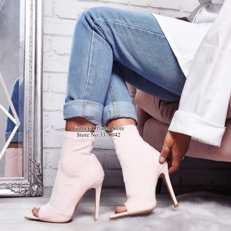 Botines de Lycra con punta abierta para mujer, botas de tacón de aguja, elástico, sin cordones, zapatos de vestir, tacones celebración, color rosa|Botas hasta el tobillo| - AliExpress
