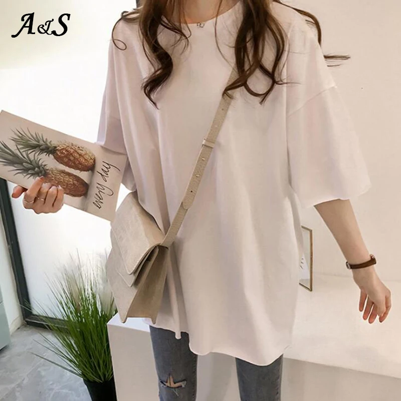 Korean Style Female T-shirt Pure Color M-XL Oversized Women Tops Harajuku  Simple Basic Tee Shirt Feminina White Casual O-neck