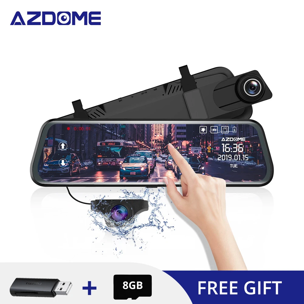 

AZDOME PG02 10" Mirror Dash Cam With GPS Streaming Media Full-Screen Touching ADAS Dual Lens Night Vision 1080P + 720P Car DVRs