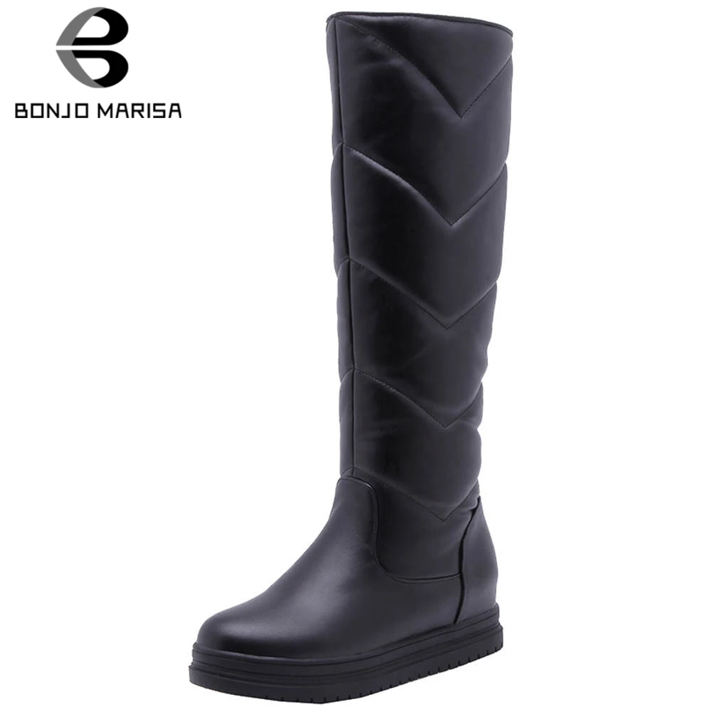 

BONJOMARISA New 34-43 Fashion Sewing Platform Fur Boots Ladies Warm Knee High Snow Boots Women 2019 Winter Wedges Shoes Woman