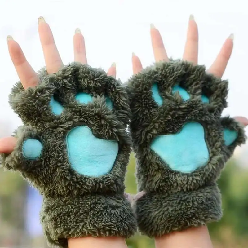 Женские плюшевые перчатки без пальцев Kawaii, пушистые когти Bearr/кошачьи лапы, мягкие теплые варежки, покрытые половинчатыми пальцами, рождественский подарок - Цвет: 3