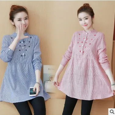 

2019 New Style Maternity Clothes Autumn Clothing Dress Loose-Fit Mid-length Pregnant Women Striped Dress Long Sleeve