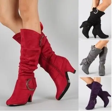 

Knee-High boots women shoes winter suede belt buckle high heels ladies side zip Motorcycle snow long boots female botas M103