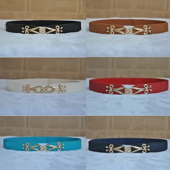 

Women Lady Golden Floral Buckle Skinny Elastic Leather Belt Stretch Waistband LLBLT0006