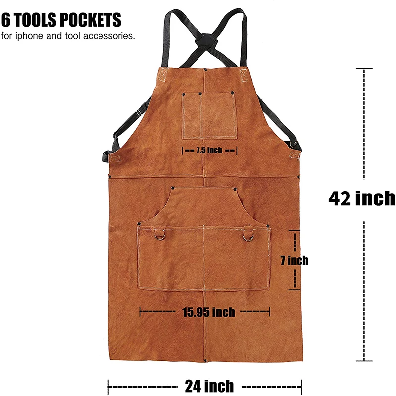 Cowhide Real Leather Work Shop Apron with 6 Tool Pockets Heat & Flame Resistant Durable Heavy Duty Welding Apron for Men Women