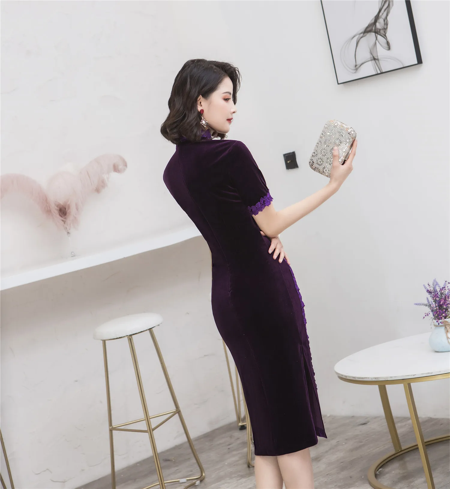 Шанхай история кружева каймы по колено Cheongsam велюровое традиционное китайское Ципао платье