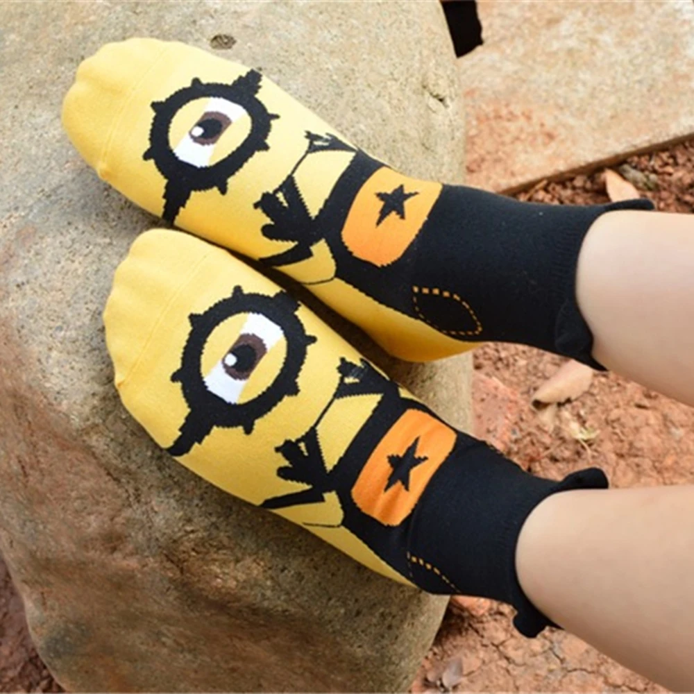 Women's Spring Summer 3D Cartoon Minions Pattern Cute Cotton Socks Harajuku Fashion Street Kawaii Print Funny Happy Short Socks