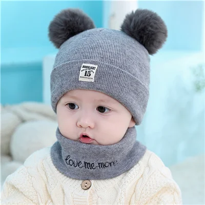 Gray suit Детские шапочки унисекс, шапка, комплект для маленьких детей, одноцветная полосатая шапка и шарф, зимний теплый костюм, комплект для мальчиков и девочек, малышей, студентов - Цвет: Gray suit