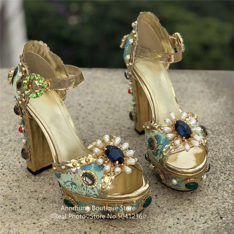 Украшенные Стразами Босоножки на платформе с вышивкой на высоком каблуке Женская обувь на массивном каблуке с пряжкой с кристаллами цветок из кристаллов из жемчуга Sandalias
