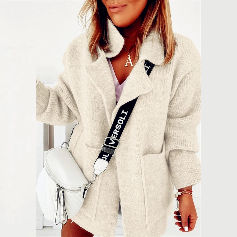 Camisola de Malha Feminino Elegante Cabolsa Cardigan Outono Inverno Turn-down Collar Cabolsas Topos Vintage Quente Bolso Manga Comprida Topo 3 Jaquetas básicas