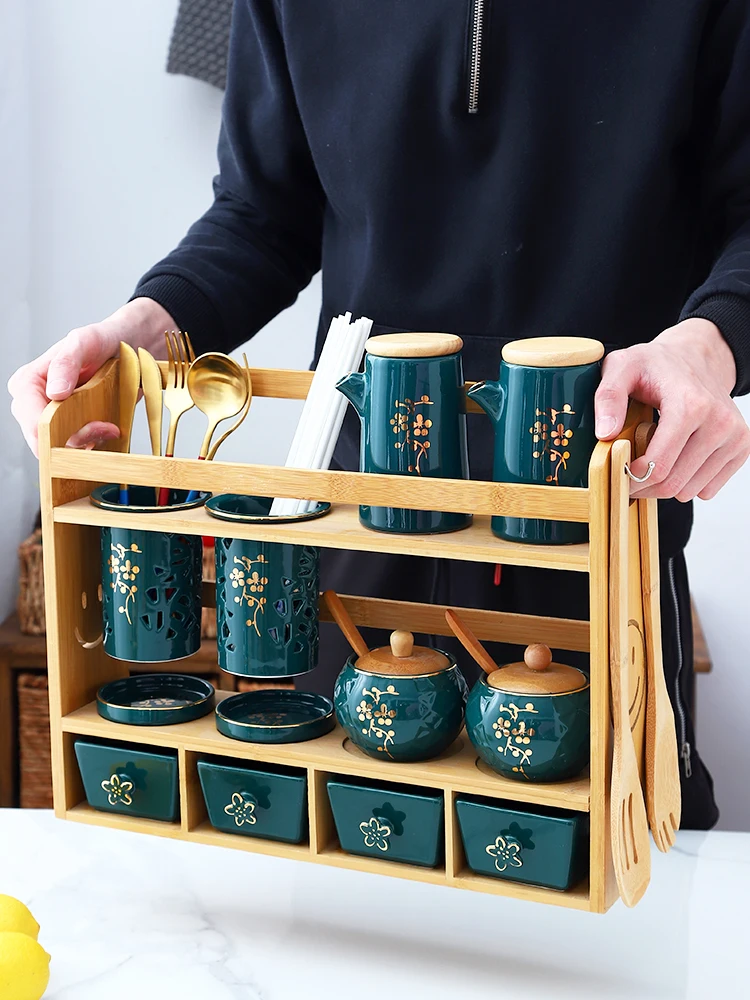 Nordic luxury emerald ceramic seasoning jar bottle chopsticks tube oil pot kitchen supplies combination jar canister container