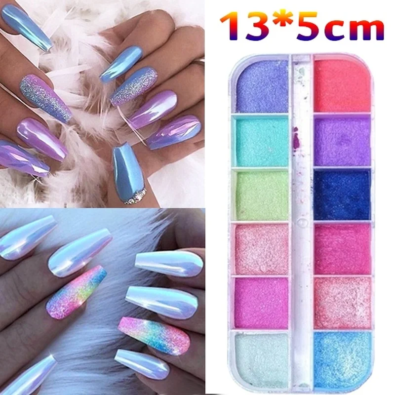 

12 Grids Chrome For Nail Art Decorations Nail Powder Dipping Shimmer Dust Colorful Pigment Powder Rubbing Pearl Glitter