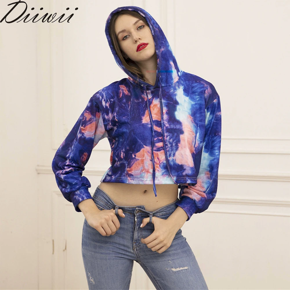 

DiiWii Hot Style Womens Autumn Winter New Long Sleeved Blouse Tie Dye Printed Hoodie Cropped Short Hoodie