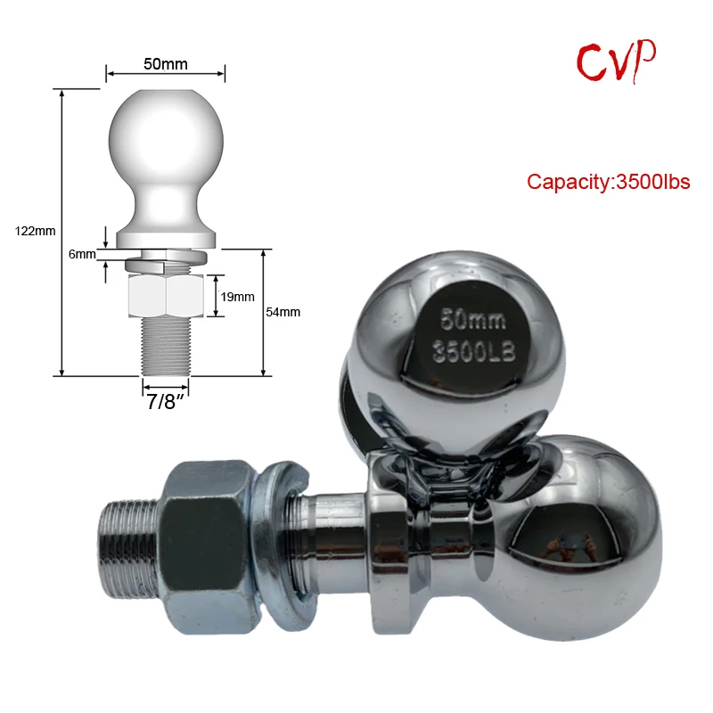 Chrome Tow Ball 50mm 7/8 Shank dia. Trailer Hitch Towball Capacity 3500lbs RV Parts Car Camper Coupling Caravan Accessories