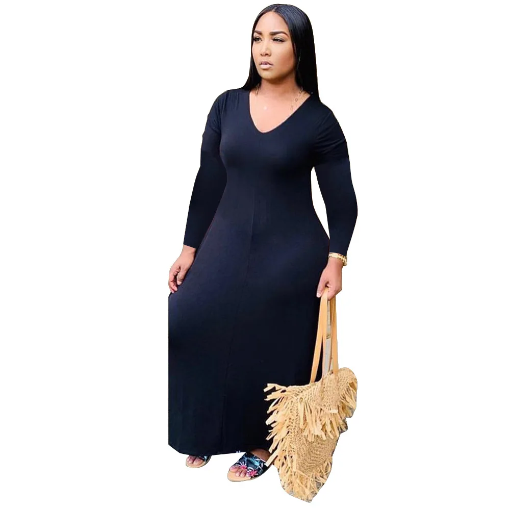 Fall Women Plus Size Clothing Loose Solid Color Long Dress Casual Long Sleeve Dress Robe 4XL 5XL Plus Size Dresses Vestidos