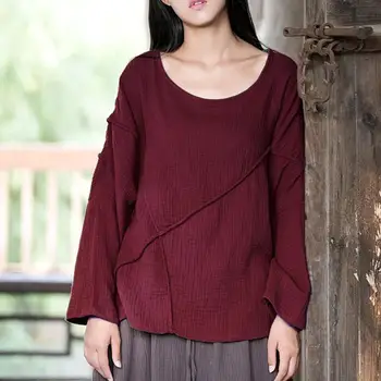 

Round Neck Loose Blouse Oversized Tunic Tops Women Fashion Casual Ladies Long Flare Sleeve Pleated Shirt Elegant Blusas Feminina