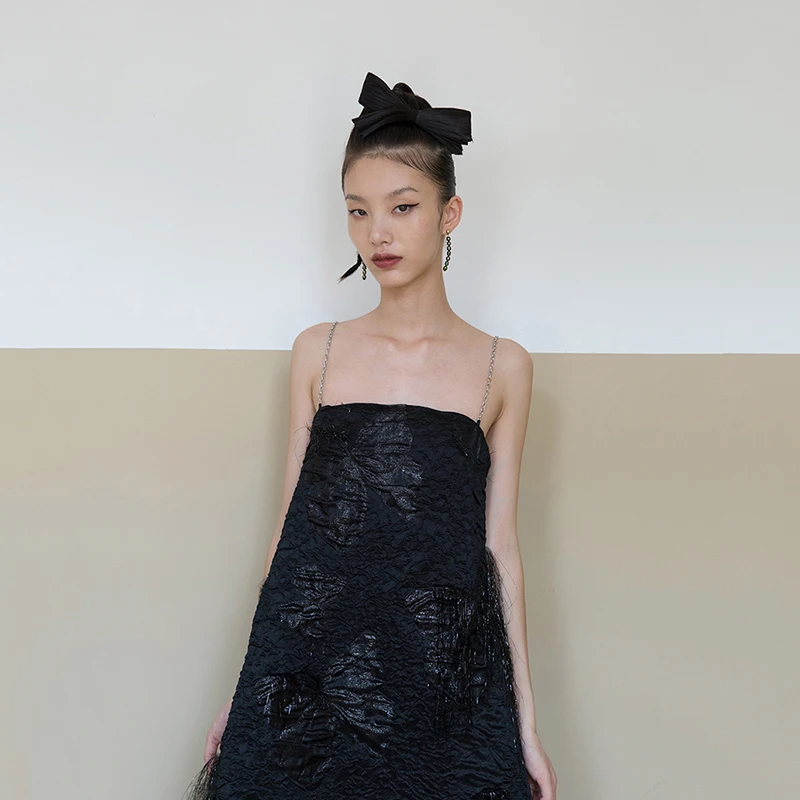 [EAM] Women Black Jacquard Temmperament Spaghetti