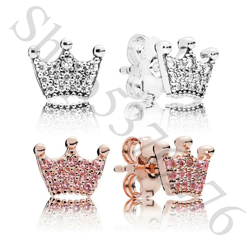 

Authentic 925 Sterling Silver Original Rose Enchanted Crowns Europe Stud Earrings For Women Bead Charm Gift DIY Jewelry