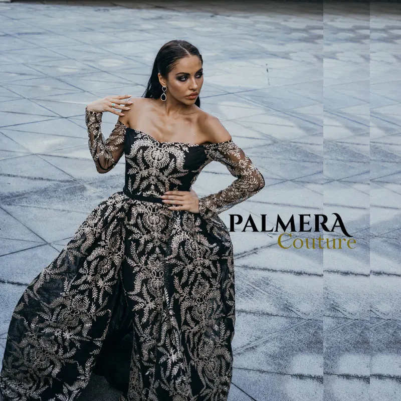Palmera Couture Sexy Off Shoulder Glitter Dress Long Sleeve