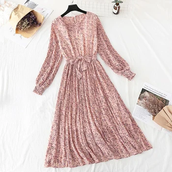 

2020 Spring Summer Women Pleated Chiffon Dress Floral Print Vintage O-neck Bow Midi Dress Elegant Party Long Sleeve vestidos