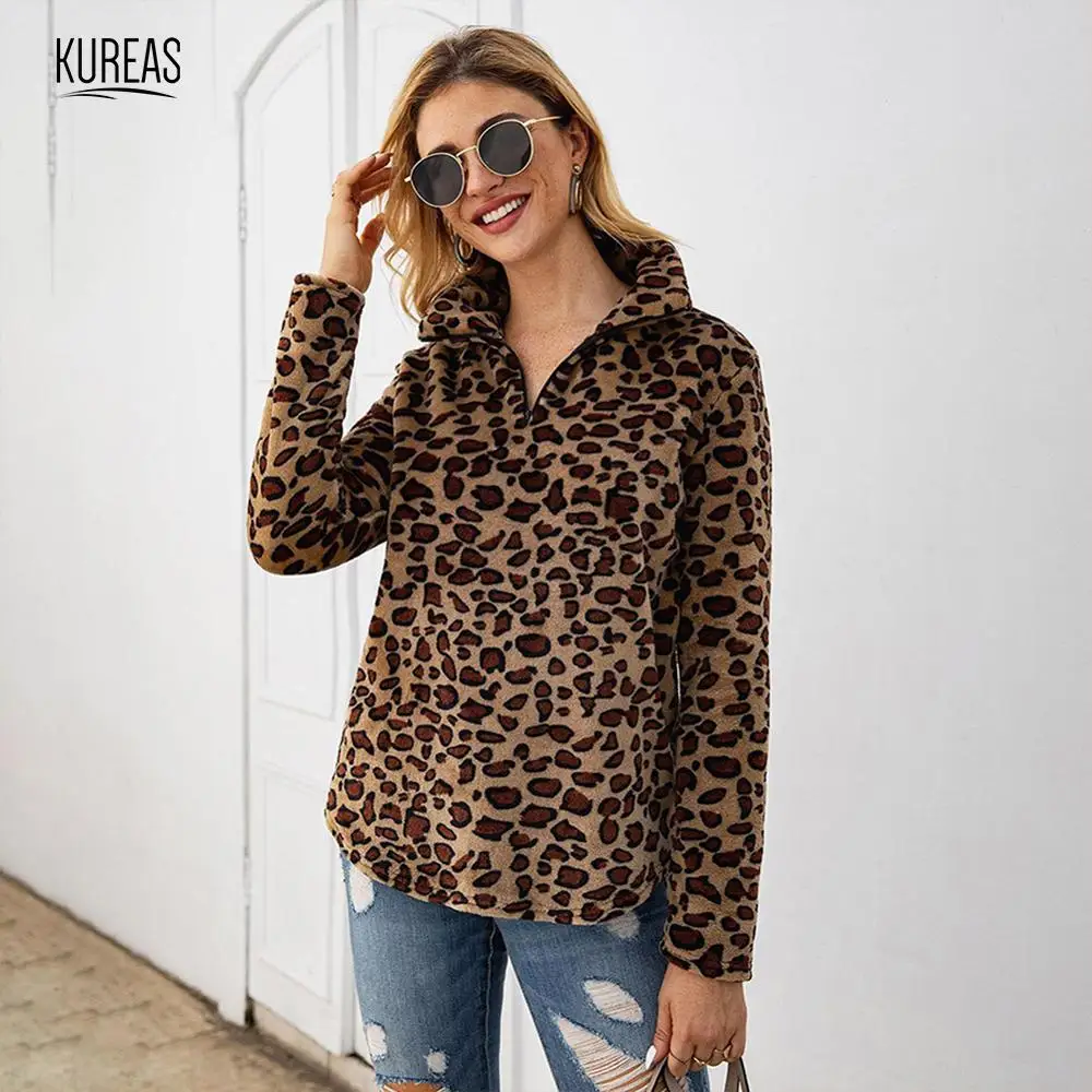 

Kureas Women Warm Sweatshirts Plush Winter Autumn Pullover Fleece Hoodies Casual Sexy Leopard Female Fuzzy Tops Knitted