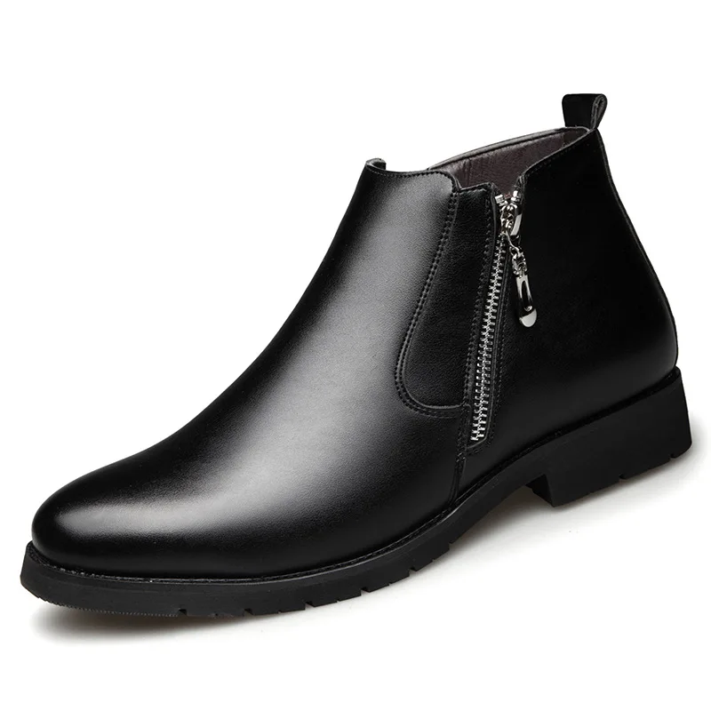 

Winter Men plus Velvet Short Boots Pointed Toe Trend Bilateral Zipper Leather Boot Ankle Boots Chelsea Boots Warm plus Cotton Me