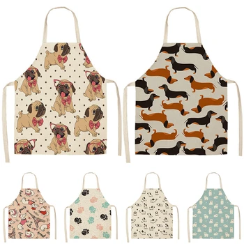 Bulldog Dachshund Pug Dog Printed Kitchen Apron for Woman Cotton Linen Bib 53*65cm Home Cooking Baking Cleaning Tool WQ0037