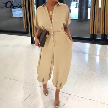 

Celmia Vintage Women Jumpsuits 2020 Summer Short Sleeve Romper Casual Loose Buttons Cargo Pants Plus Size Overalls Playsuits 5XL