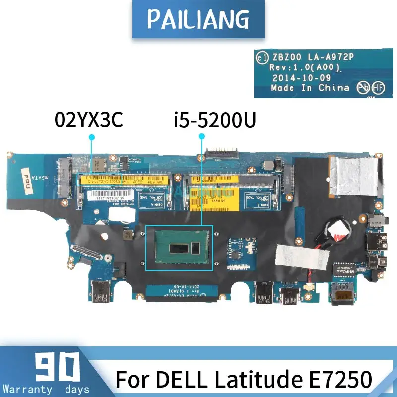 

For DELL Latitude E7250 Laptop Motherboard ZBZ00 LA-A972P CN-02YX3C 02YX3C SR23Y I5-5200U Notebook Mainboard DDR3