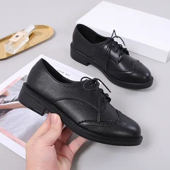 

Women Fashion Black Leather Low Heel Shoes Female Brogue Style Lace Up Shoes