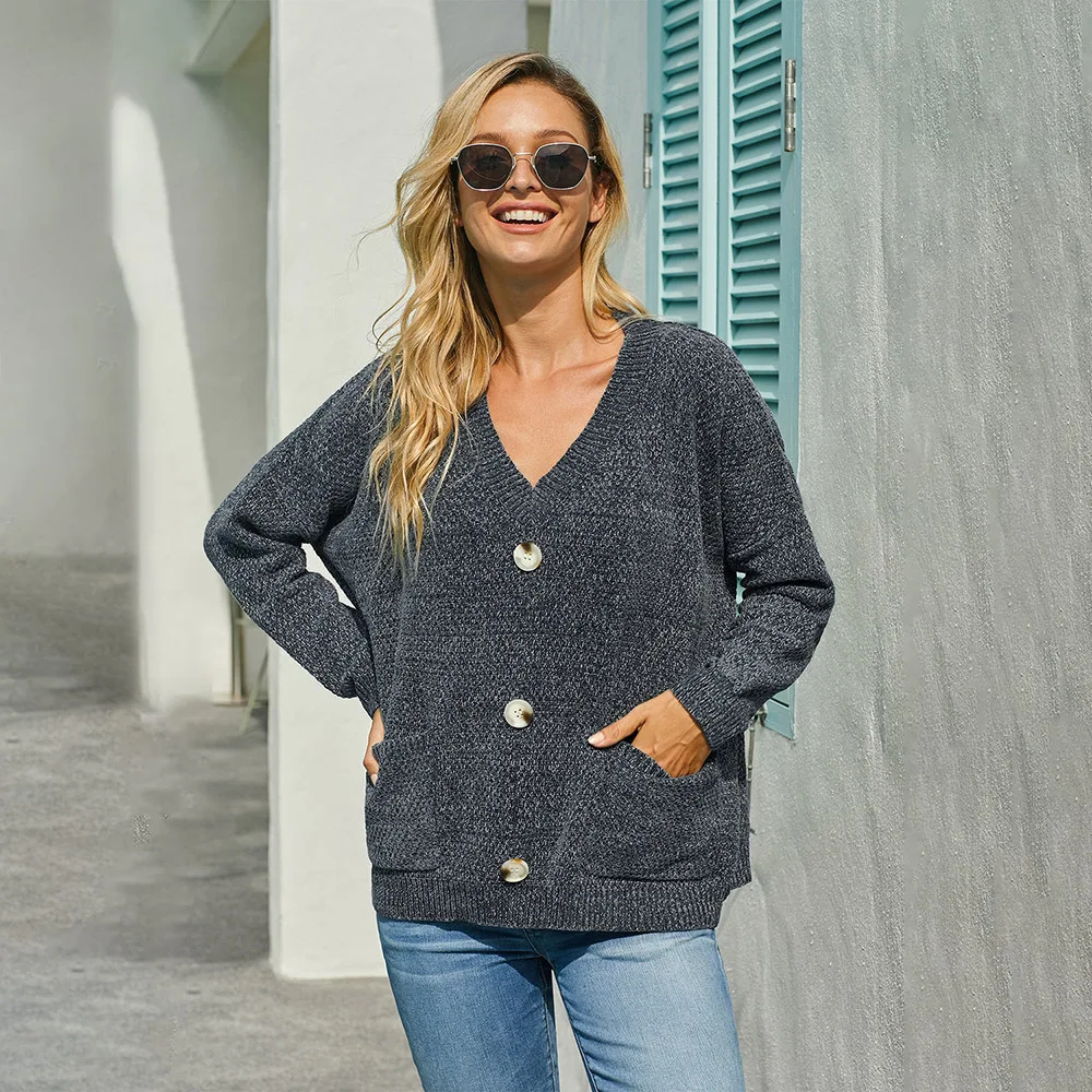 

Sweater Autumn Solid Color Breasted Decorated with Pockets Casual V-neck Knitted Top for Women