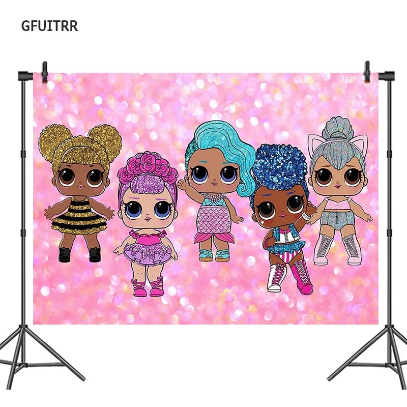 

GFUITRR Lol Doll Girls Birthday Photography Backdrop Newborn Pink Glitter Photo Background Vinyl Photo Booth Props