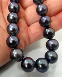 Горячая Распродажа, новый стиль> 9-10 ММ TAHITIAN натуральное черное жемчужное ожерелье идеально круглые 17''
