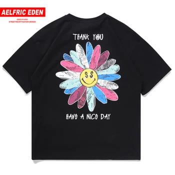 

Aelfric Eden 2020 Summer Hip Hop Skateboards Streetwear Tops Tee Color Letter Embroidery Color Sun Flower Men Women T Shirt