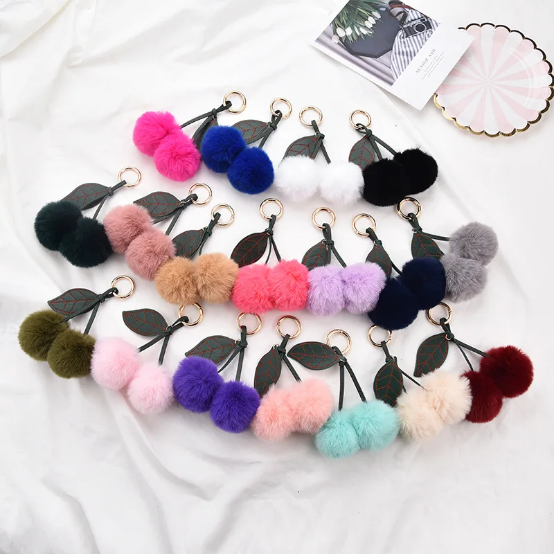 

6cm Pom Pom Ball Fruit Cherry Keychain Leather Leaf Faux Rabbit Fur Pompon Ball Keyring Pendent Women Bag Phone accessories