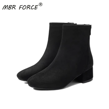 

MBR FORCE autumn and winter new ladies fashion zipper style casual retro pointed cow suede square toe black low-heel ankle boots