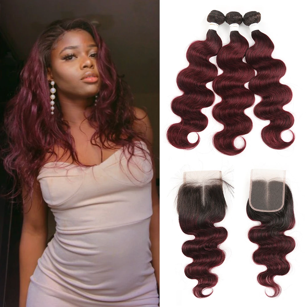 

Brazilian Body Wave Human Hair Bundles With Closure KEMY HAIR Ombre Red Hair Weave Bundles With Closure Non Remy Hair Extension