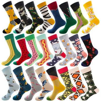 

2 pieces=1 pair men socks combed cotton cartoon animal bird shark zebra corn watermelon sea food geometric novelty funny socks